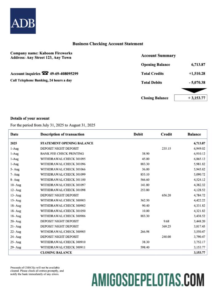 Baixável Palau ADB Extrato de conta corrente corporativa modelo Word e PDF